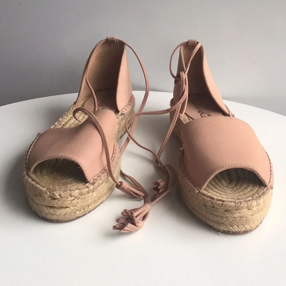 Splendid light Pink Espadrille tassels raffia platform flat ankle wrap Sandals